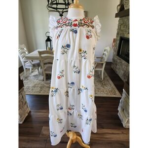 Pink Ripple White Floral Embroidered Tiered Midi Babydoll Dress Womens Medium